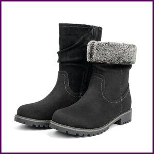 Women's Mid Calf Boots Slouchy Riding Combat Low Heel Fur Lined Winter